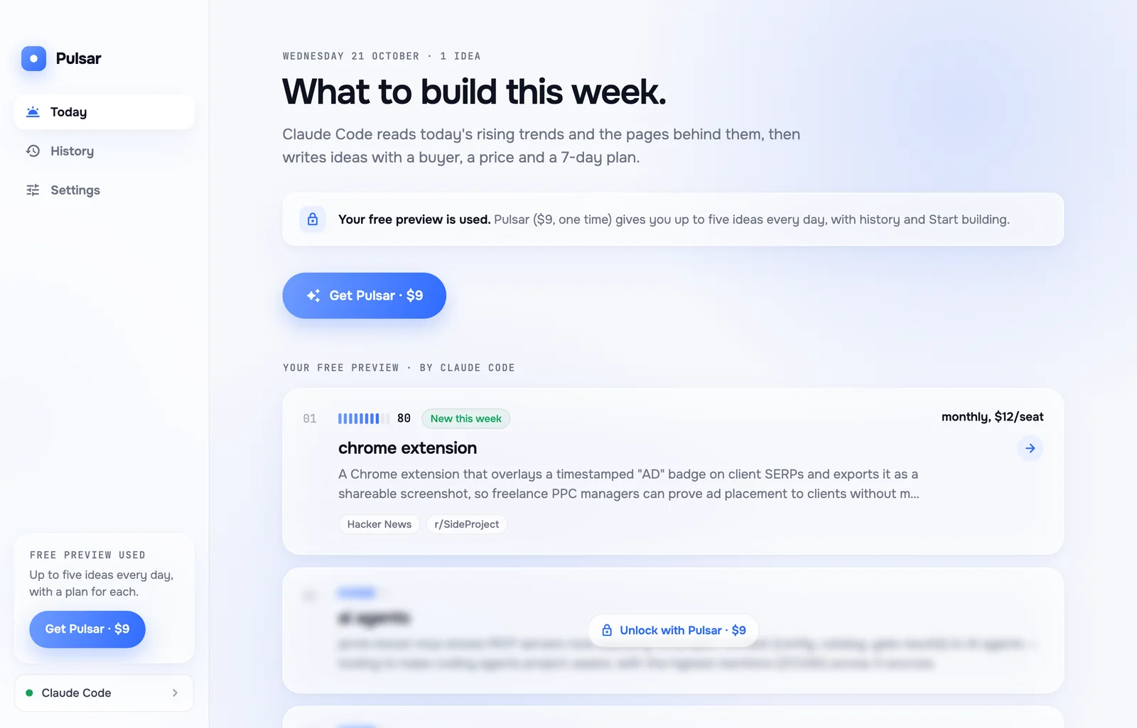 The free preview: one complete idea, and two more ideas blurred with an Unlock button.